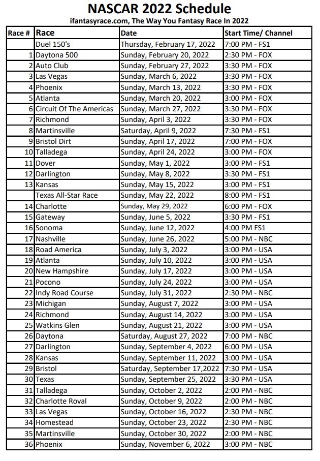 NASCAR Race Schedule: Start Time and TV Channel Guide