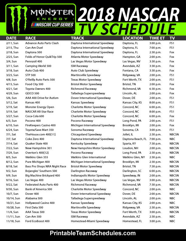 2018 nascar season schedule